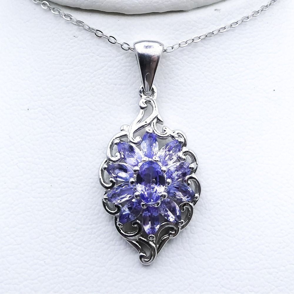 Tanzanite Chuck Clemency Platinum Plated Sterling Silver 2.3ctw Cluster Necklace